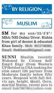 Times of India Matrimonial Wanted Bride Ad Sample Muslim by Religion