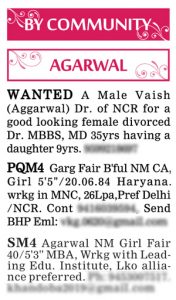 Times of India Matrimonial Wanted Groom Ad Sample Agarwal by Community